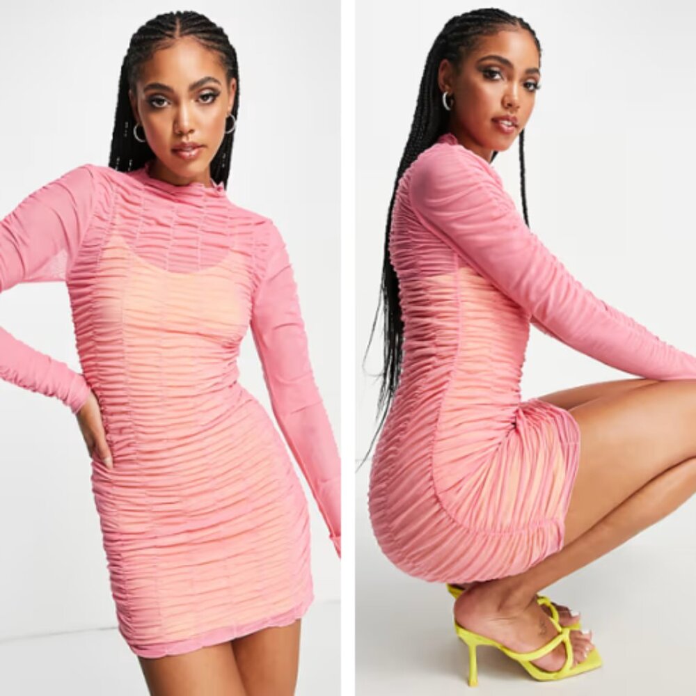 EUC Topshop Women’s Ruched Mini Slip Bodycon Long Sleeve Dress NWT Size M (8-10)